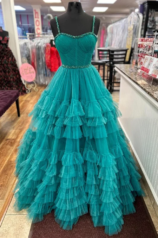 Tiered Ruffle Sweetheart Beaded Long Prom Dress Soft Maxi Skirt