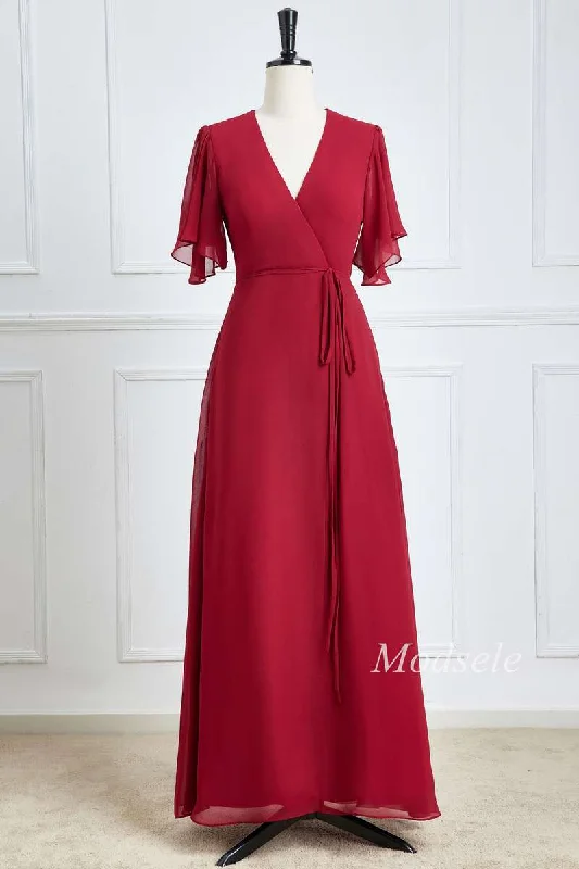 Wine Red Chiffon Surplice Neck A-Line Long Bridesmaid Dress Trendy Maxi Skirt