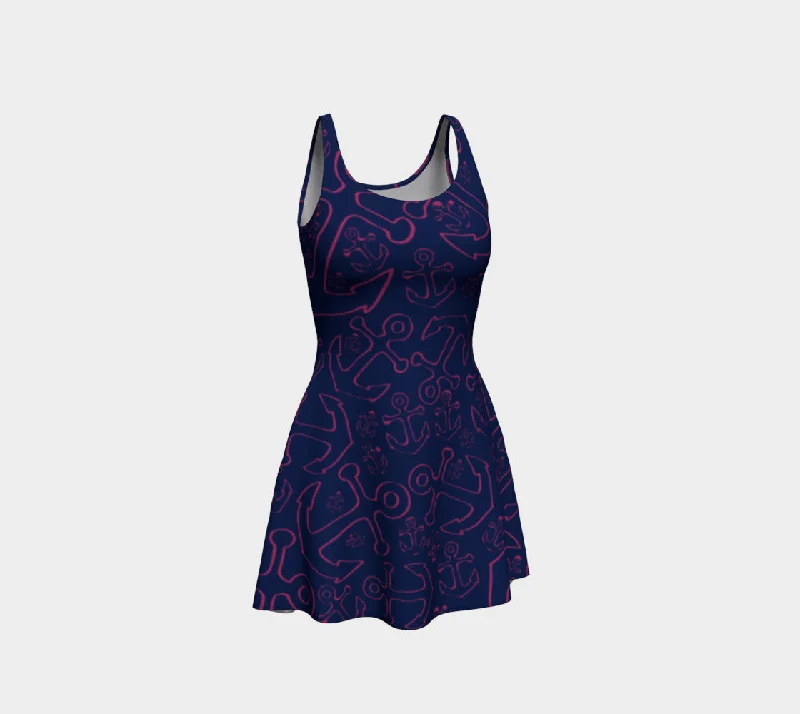 Anchor Dream Flare Dress - Pink on Navy Bold pattern unclassified dresses