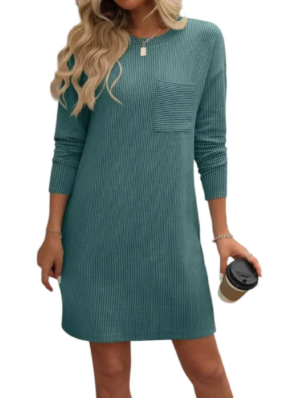 Aurora Ribbed Knit Chest Pocket Dress In Green Vacation unclassified dresses