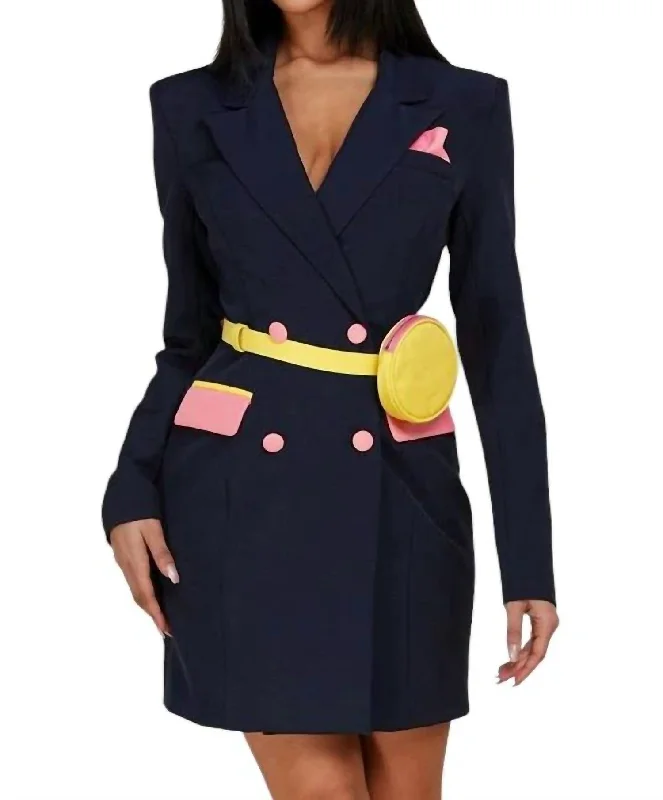 Belted Blazer Dress In Navy Multi Satin unclassified dresses