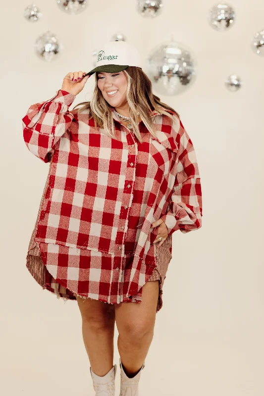 Boho Red Plaid Button Down Tunic Dress Metallic unclassified dresses