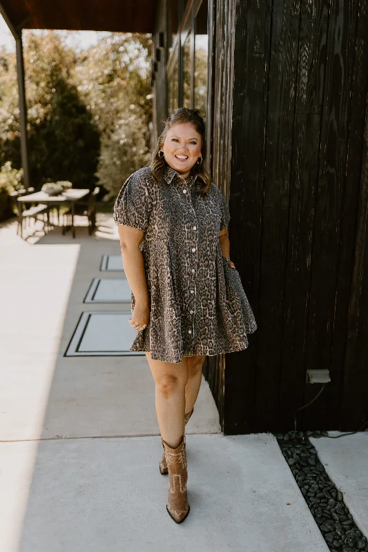 Brown Cheetah Collared Button Down Dress Denim unclassified dresses