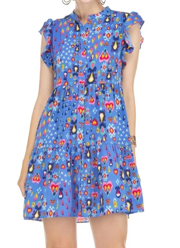 Button Front Tiered Dress In Royal Print Pastel unclassified dresses