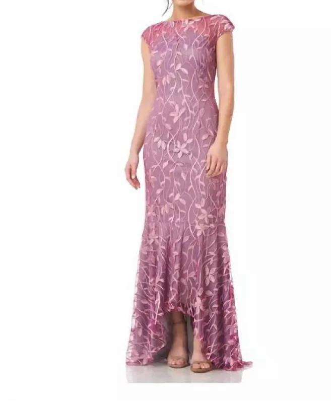 Embroidered Cap Sleeve High Low Dress In Pale Mauve Cocktail unclassified dresses