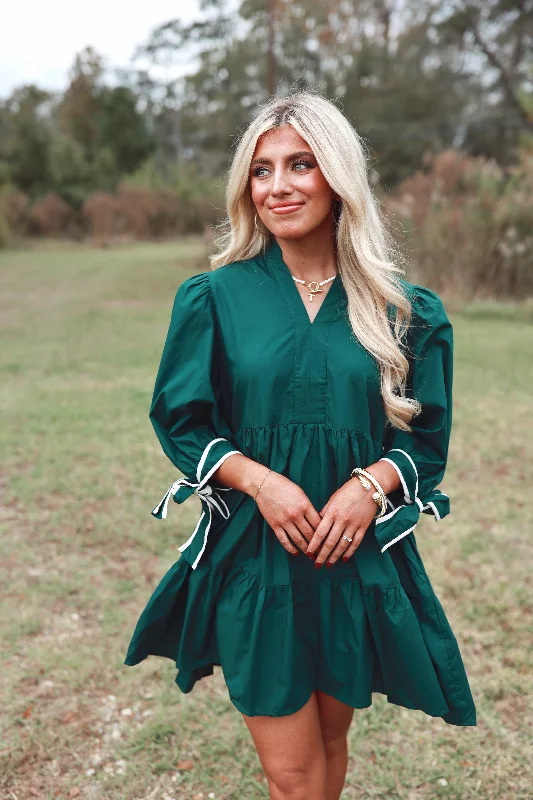 Hunter Green 3/4 Sleeve Bow Detail Tiered Dress Metallic unclassified dresses