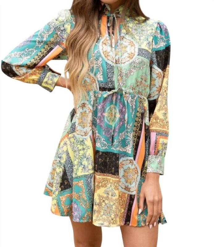 Ilaria High Neck Empire Waist Dress In Teal Multi Street style unclassified dresses