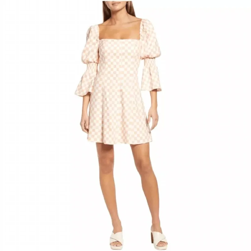 Juliet Sleeve Linen Blend Dress In Peach Checker Halter unclassified dresses