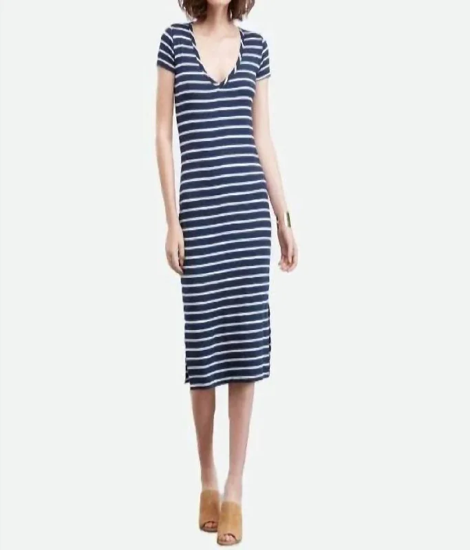 Miley V Neck Striped Dress In Navy/white Festival unclassified dresses