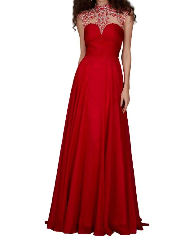 Mock-Neck Prom Dress In Hot Red Striped unclassified dresses