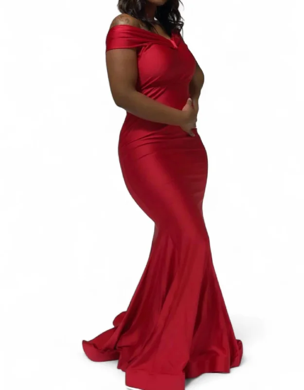 Off-Shoulder Jersey Mermaid Gown In Dark Red Tiered unclassified dresses