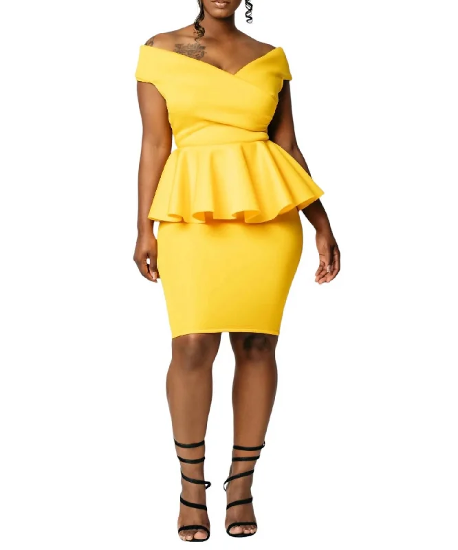 Off The Shoulder Peplum Dress In Yellow Soft fabric unclassified dresses