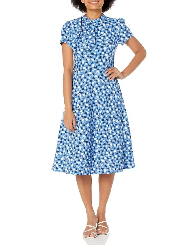 Polished Crepe Tie Neck A-Line Dress In Blue With Polka Dots Trendy unclassified dresses