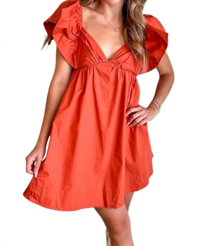 Poplin Ruffle Sleeve Tie Back Dress In Orange Short unclassified dresses