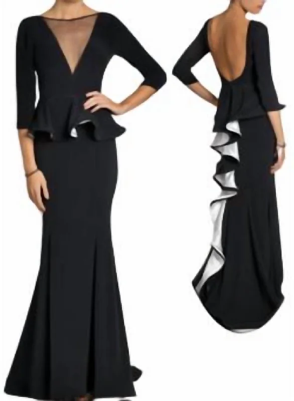 Quarter Sleeve Peplum Evening Gown In Black/white Spring unclassified dresses