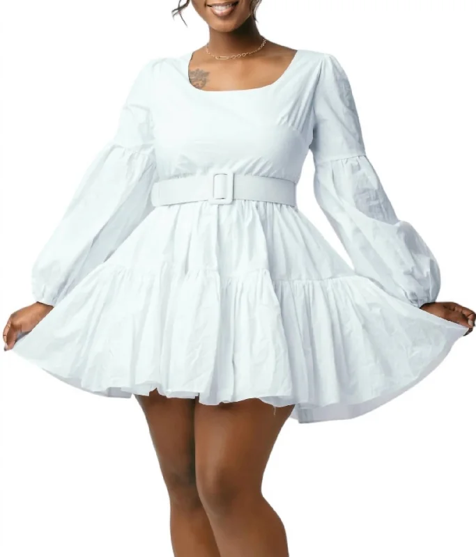 Scoopneck Belted Dress In White One-shoulder unclassified dresses