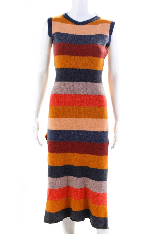 The Elder Statesman Womens Side Slit Cashmere Striped Dress Blue Brown Red Small Cotton unclassified dresses