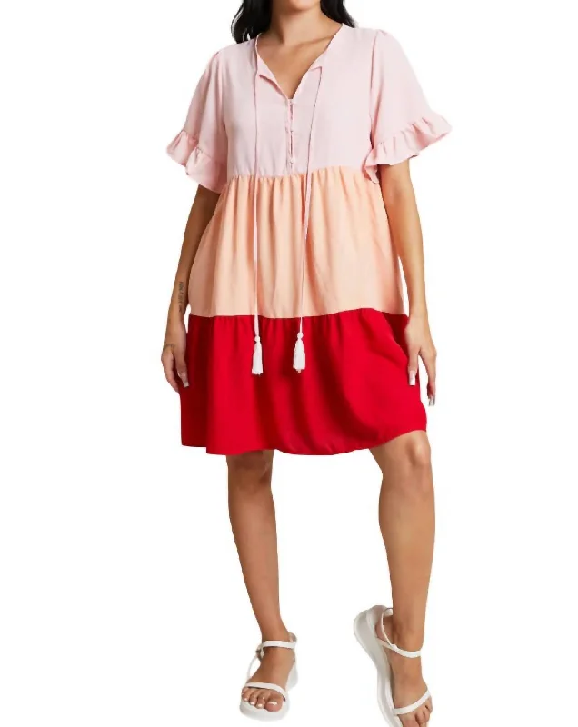 Tiered Color Block Dress In Coral Ruffled unclassified dresses