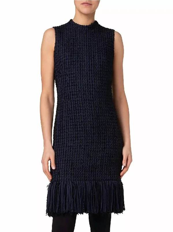 Tweed Sleeveless Sheath Dress In Navy Cotton unclassified dresses