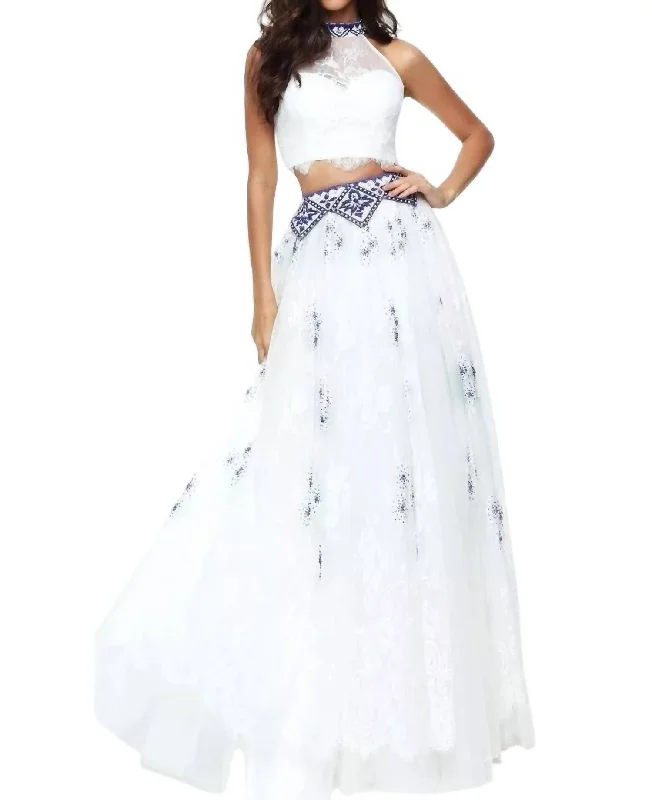 Two-Piece Keyhole Prom Dress In Ivory/royal Office unclassified dresses