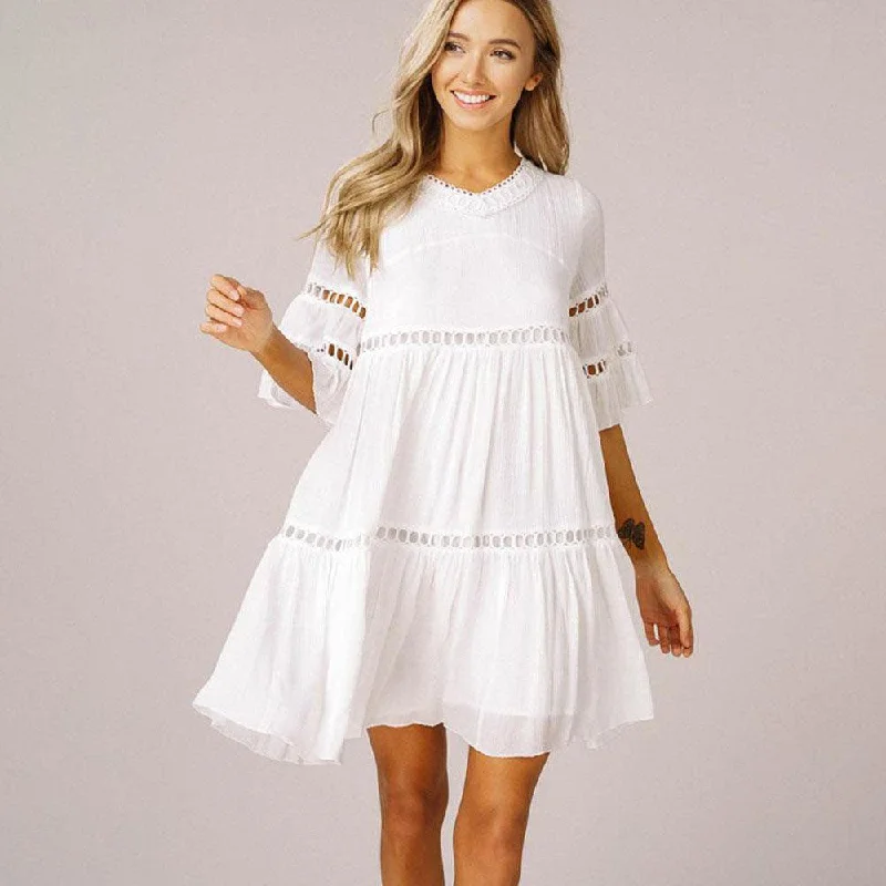 Romantic Comfortable Boho Babydoll Dress With Bell Sleeves Neutral tone unclassified dresses