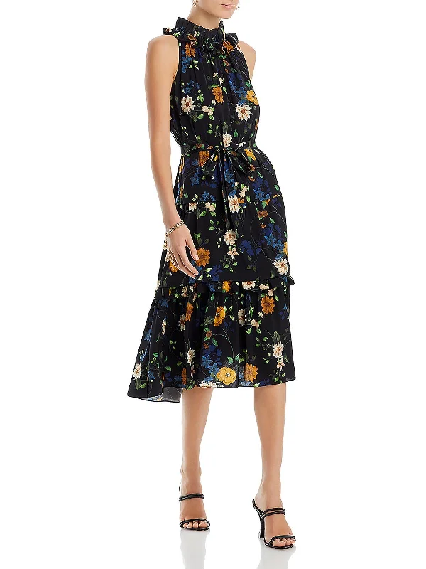 Ryan Womens Floral Print Ruffled Midi Dress Casual Midi Skirt