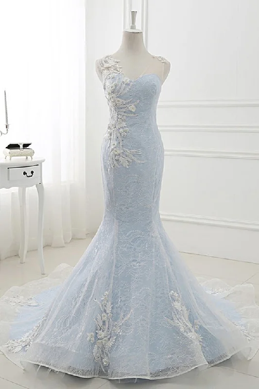 Baby Blue Sweep Train Lace Mermaid Evening Dresses, Formal Dress With Applique Lace Dress Sparkle