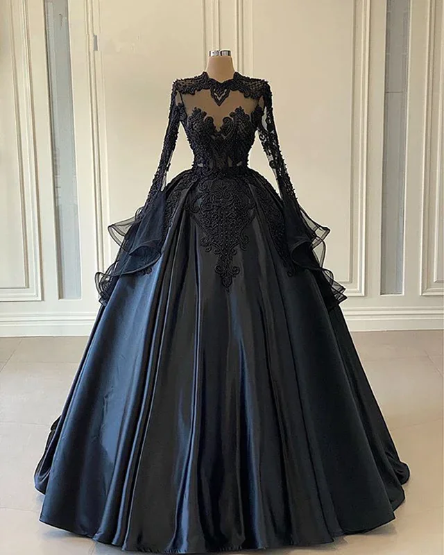 Ball Gown Black Long Sleeves Lace Prom Dresses,Beading Formal Evening Dresses,BD1484 Lace Dress Shine