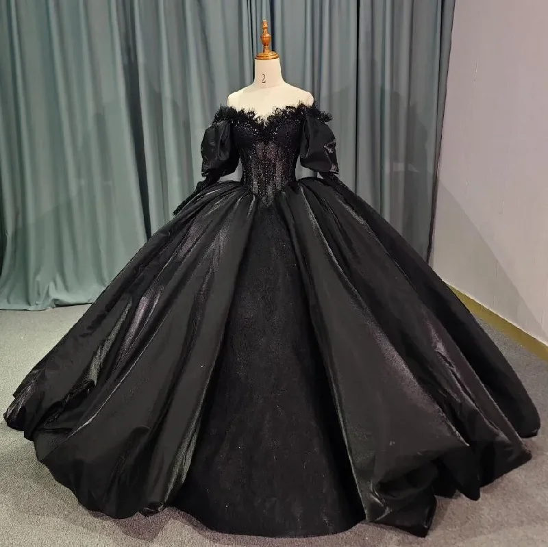 Black Gothic Princess Quinceanera Dresses 2025 Off Shoulder Puffy Sleeve Gillter Lace-up Corset Prom vestido de 15 años sweet 16 Lace High Neck Dress