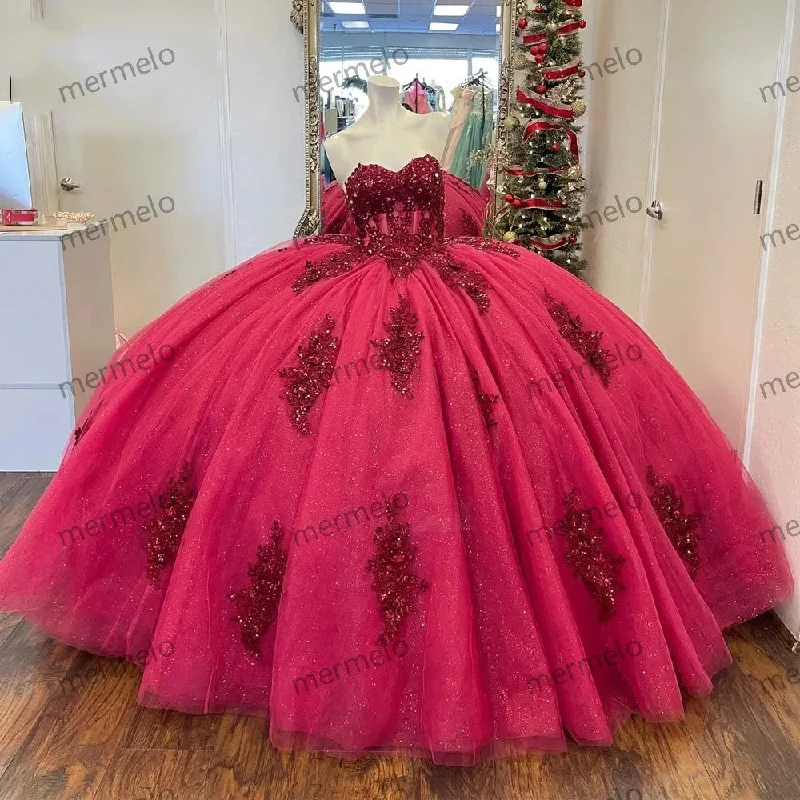 Burgundy Quinceanera Dresses Sweetheart Ball Gown Crystal Lace Appliques Lace Dress with Belt