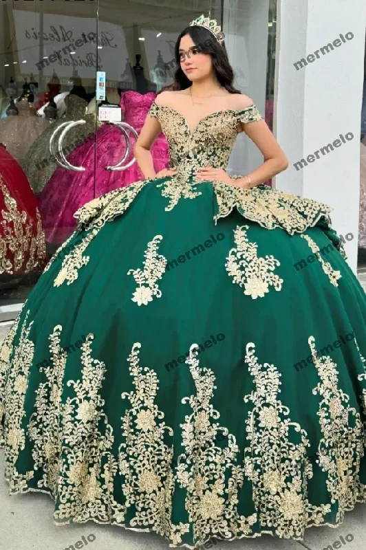 Dark Green Quinceanera Dress Ball Gown Gold Lace Applique Beading Mexican Corset Sweet 16 Lace Dress Trendy