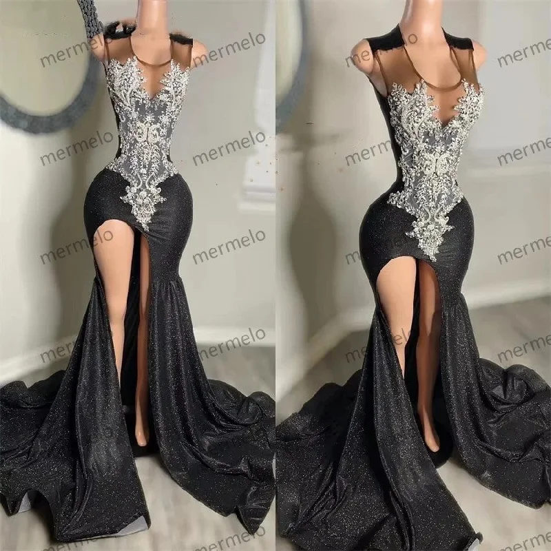 Glitter Black Lace Mermaid Prom Dresses Beading Side Split Modern Lace Dress