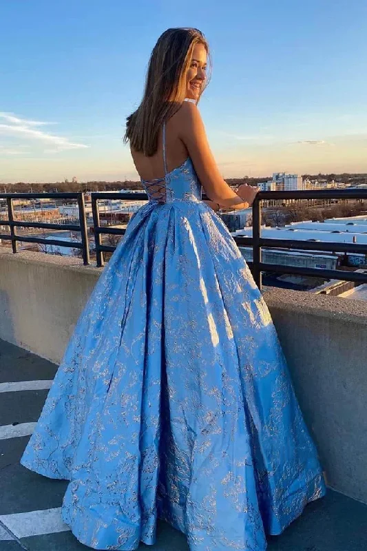 Lace-Up Back V-Neck Blue Long Prom Dress with Appliques,WD5750 Lace Gown Glam