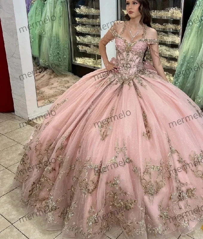 Pink Quinceanera Dress Ball Gown Gold Lace Applique Beading Mexican Corset Sweet 16 Lace Dress Sleek