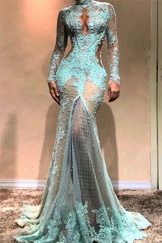 Sexy Lace Pearls Long Sleeve Evening Dress | Keyhole Evening Gown,BD1485 Lace Dress Style