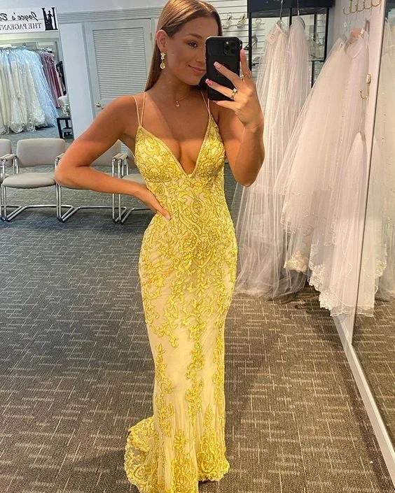 Yellow Spaghetti Straps Lace Mermaid Prom Dress,DS4151 Lace Dress Flare